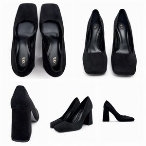 Zara Black Suede Square-Toe Block Heel Pumps